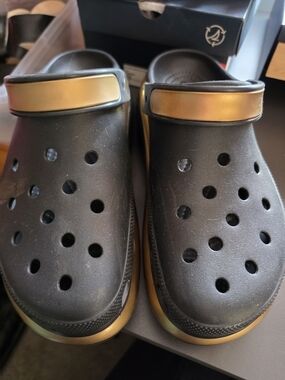 Crocs Platform Comfort Clogs in Black with Gold Trim